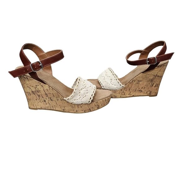 Maurices Baritt Wedge Platform Boho Crochet Sandals Brown And Cream Size 8 - Picture 3 of 11